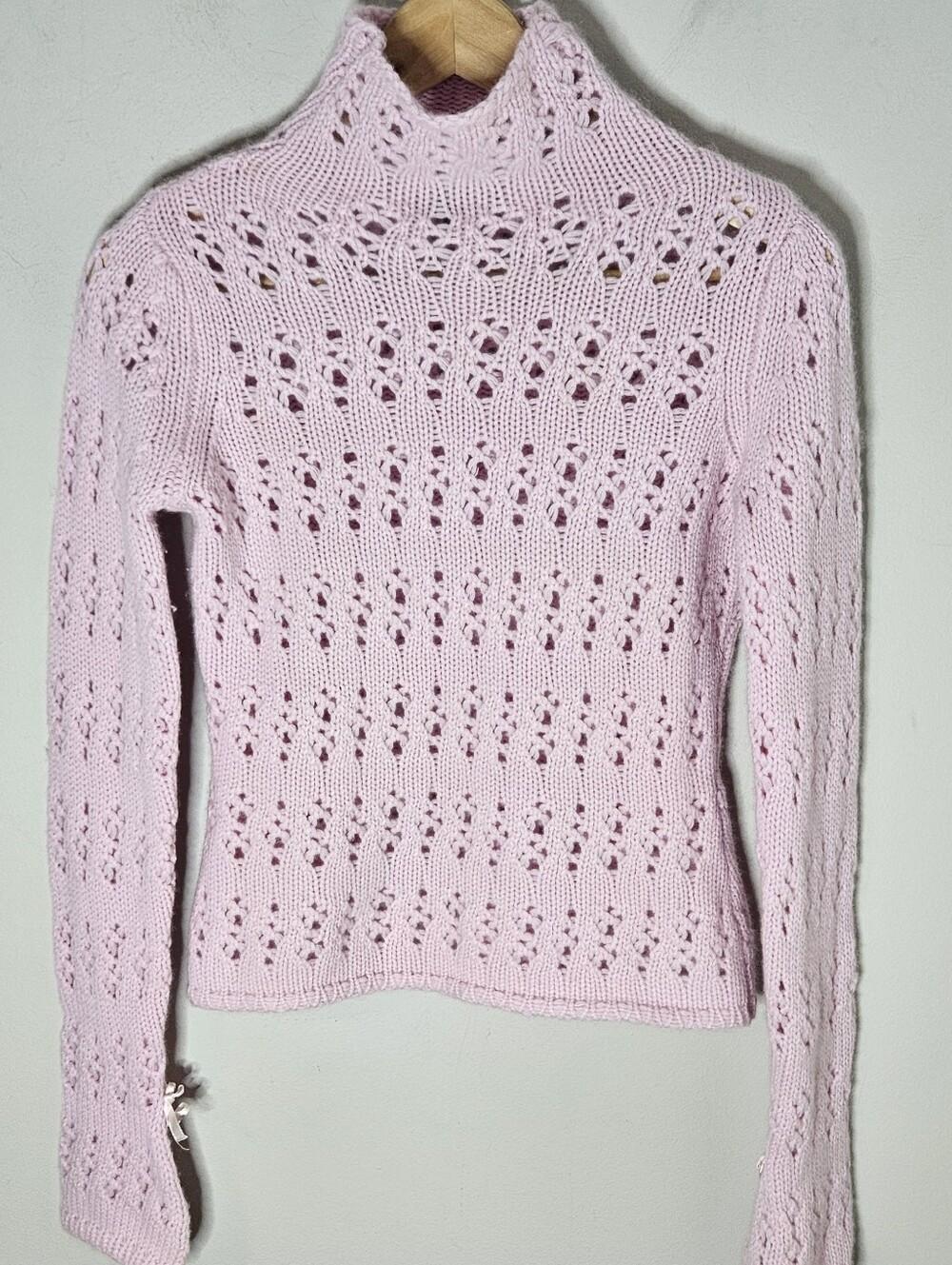 Rani Arabella Cashmere Pointelle Sweater Pink Lacy Bow Cuffs Women's S